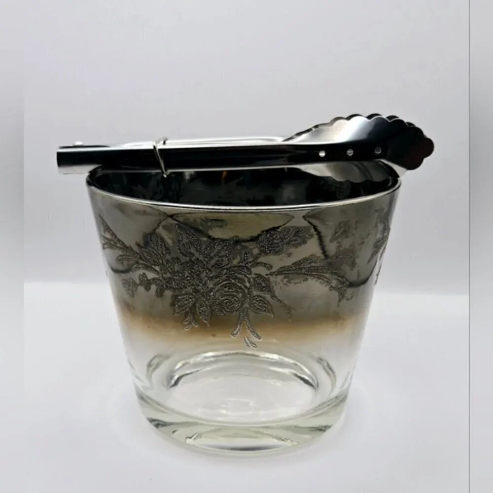 Mid Century Glass Ice Bucket With Silver Rim that Ombre Fades & Silver